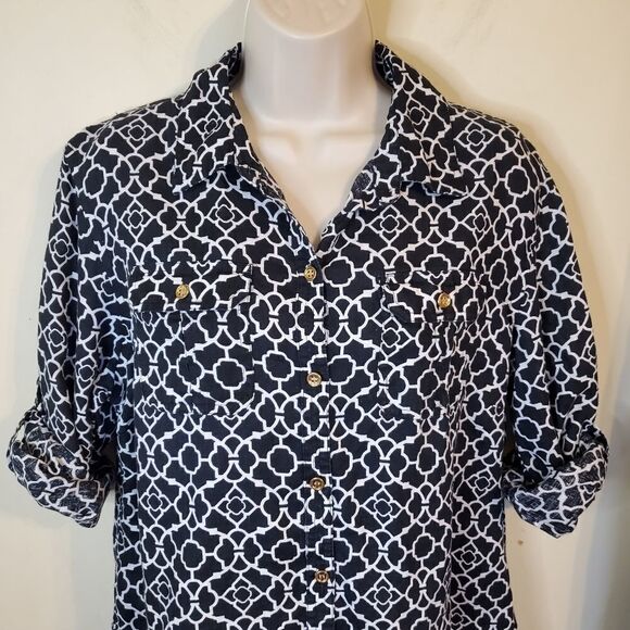 100% Linen Black & White Button Down Shirt w Roll Sleeves - Picture 5 of 13